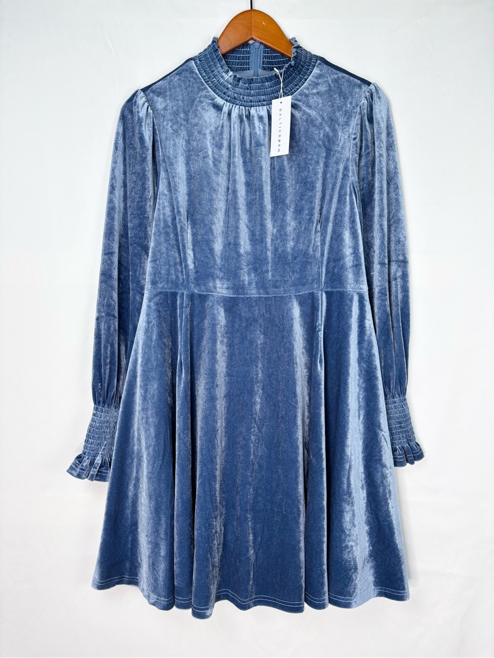 NEW Baltic Born Tina Velvet Short Dress Blue Size L Mini Mock Neck Long Sleeve